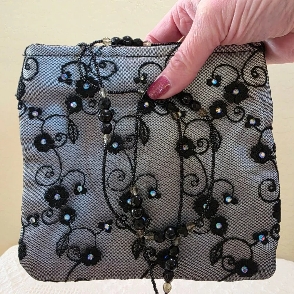 Black Lace Silver Satin Embellished Black Glass Beaded Strap Evening Bag Purse